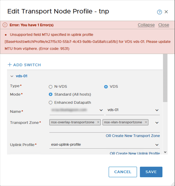 Cannot create transport node profile